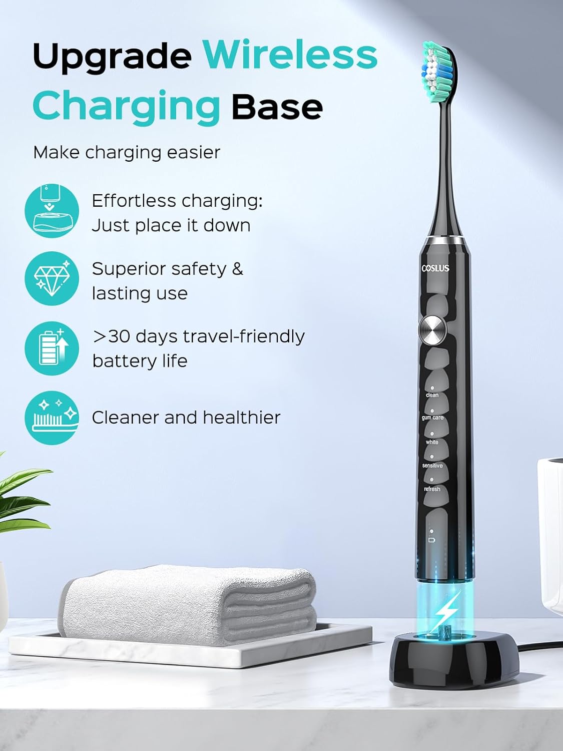 COSLUS Sonic Electric Toothbrush for Adults C40(DY-108Pro): 47000 VPM for Deep Cleaning with Travel Case - 5 Modes for Sensitive Teeth & Brace, Wireless Charging, 6 Brush Heads for Family, Black (1PC) - Image 4
