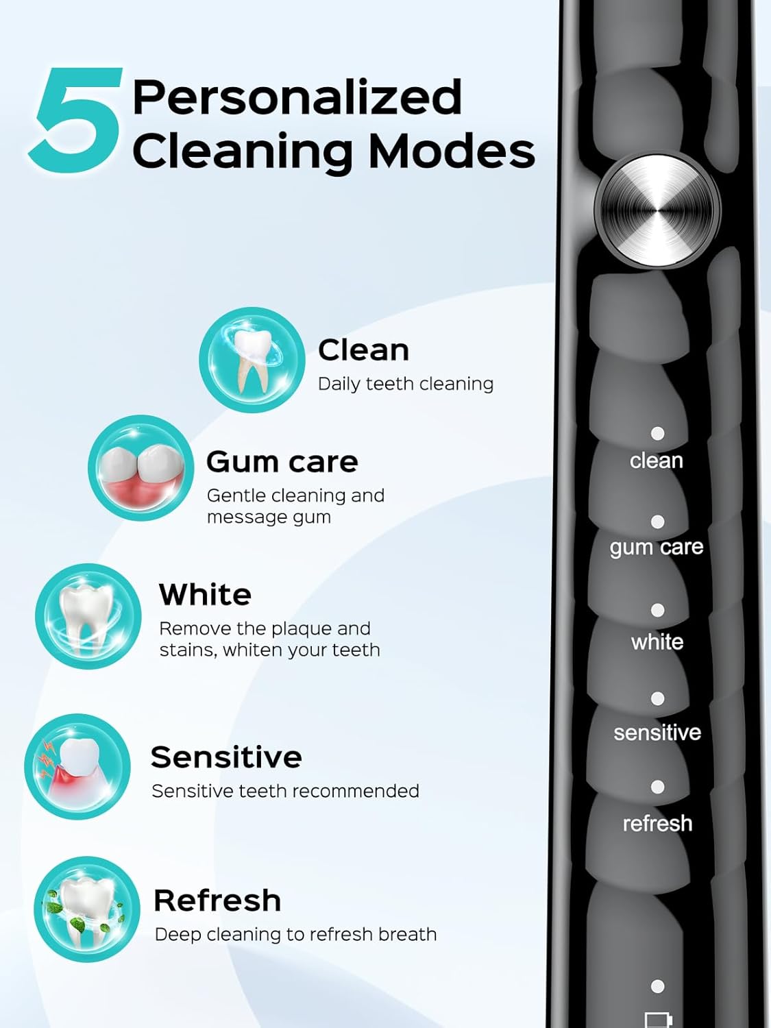 COSLUS Sonic Electric Toothbrush for Adults C40(DY-108Pro): 47000 VPM for Deep Cleaning with Travel Case - 5 Modes for Sensitive Teeth & Brace, Wireless Charging, 6 Brush Heads for Family, Black (1PC) - Image 7