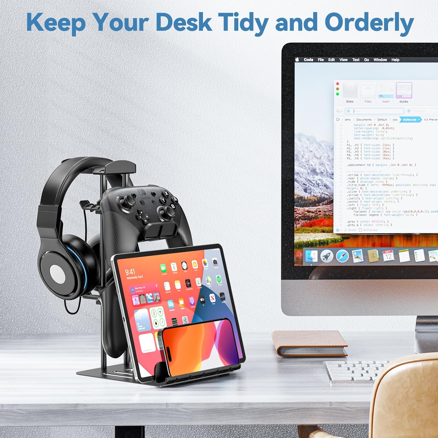KDD Headphone Stand, Controller Holder & Headset Holder for Desk, Earphone Stand with Aluminum Supporting Bar, Universal Storage Organizer Headphones/Controller/Switch/Mobile Phone - Image 3