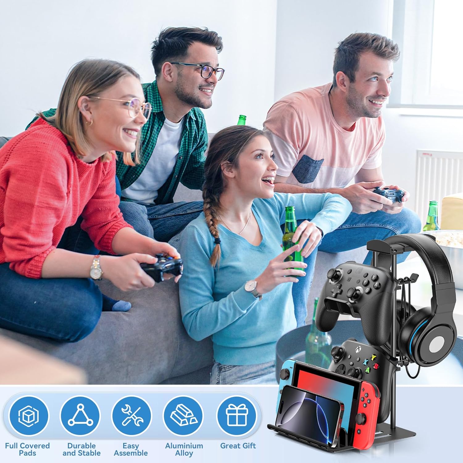 KDD Headphone Stand, Controller Holder & Headset Holder for Desk, Earphone Stand with Aluminum Supporting Bar, Universal Storage Organizer Headphones/Controller/Switch/Mobile Phone - Image 5