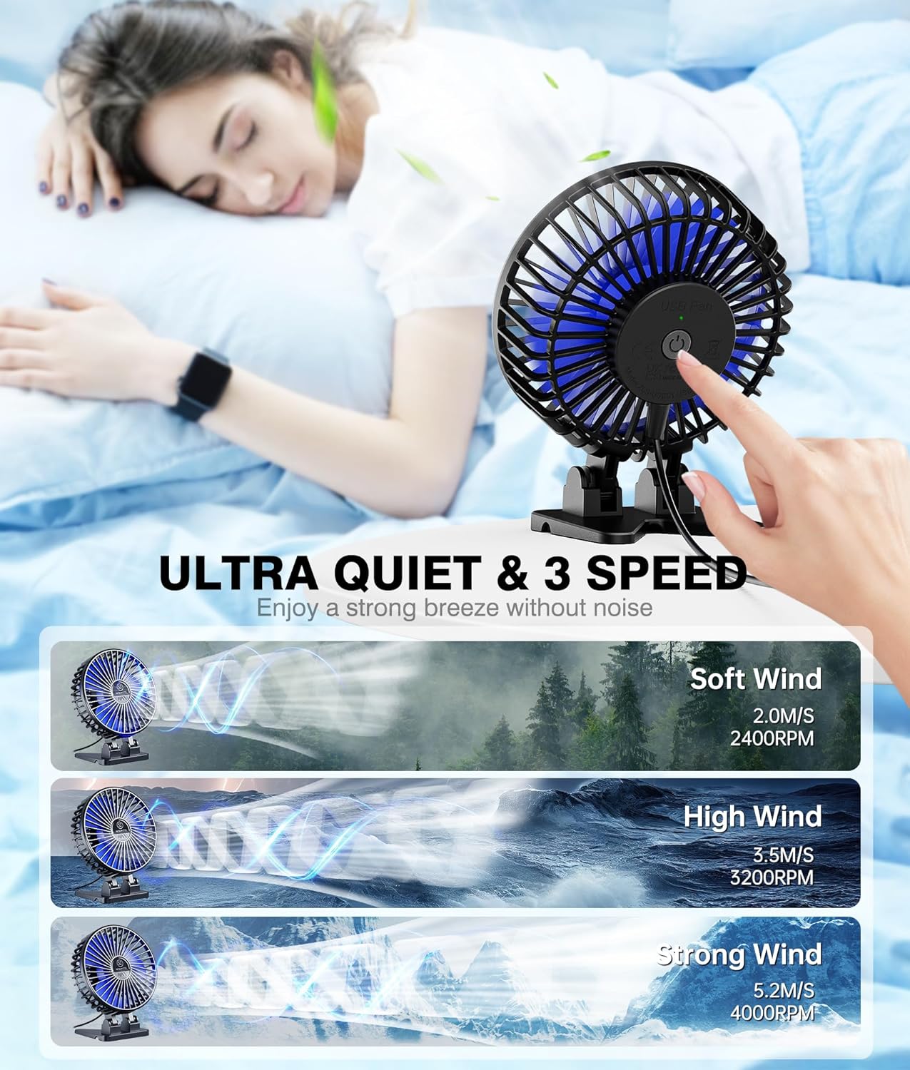 JZCreater USB Desk Fan, Mini Portable Fans, 3 Speeds Desktop Table Cooling Fan, Plug in Power, Rotation Strong Wind, Quiet Personal Small for Home Office Travel Bedroom, Black Blue - Image 3