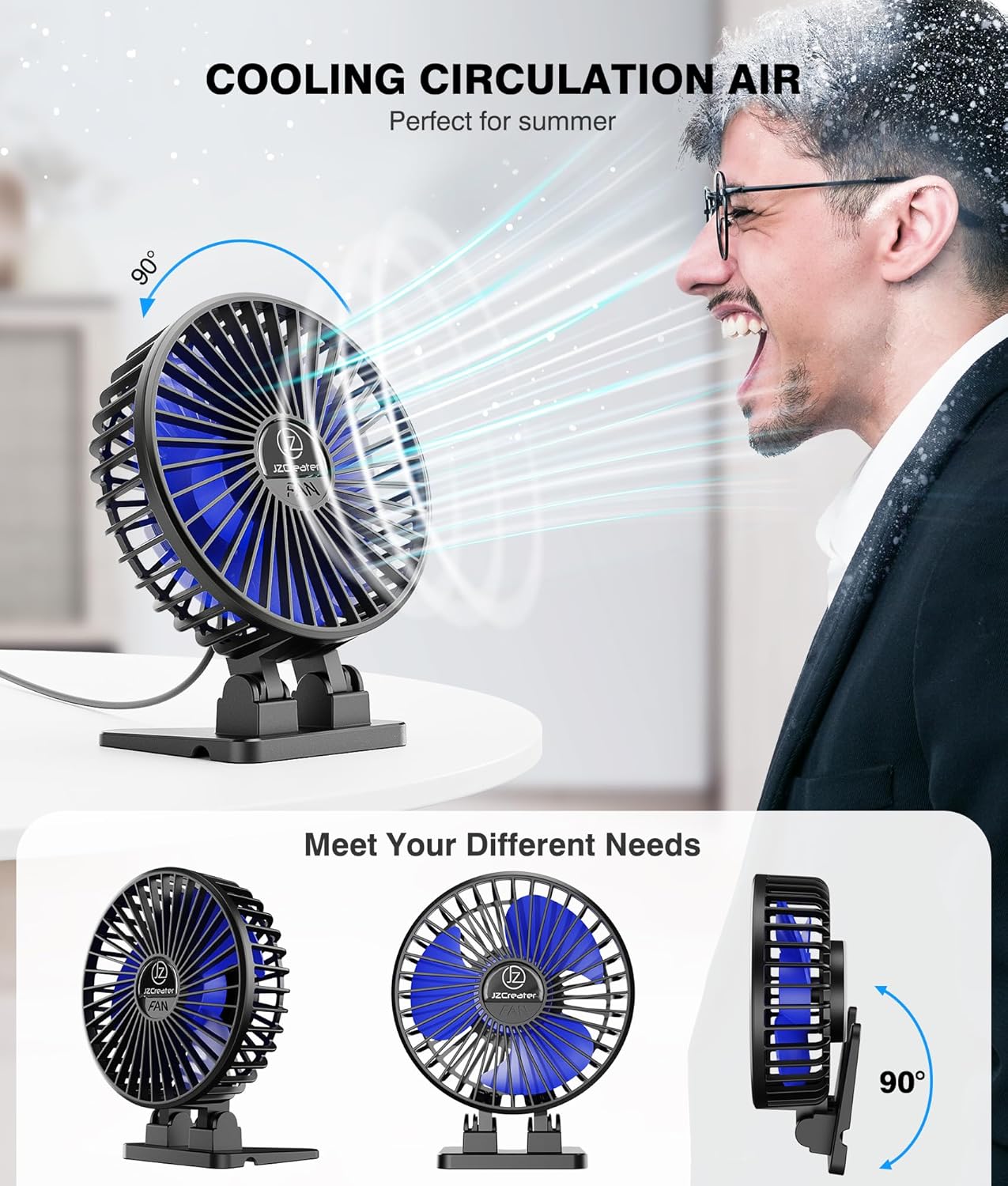 JZCreater USB Desk Fan, Mini Portable Fans, 3 Speeds Desktop Table Cooling Fan, Plug in Power, Rotation Strong Wind, Quiet Personal Small for Home Office Travel Bedroom, Black Blue - Image 4