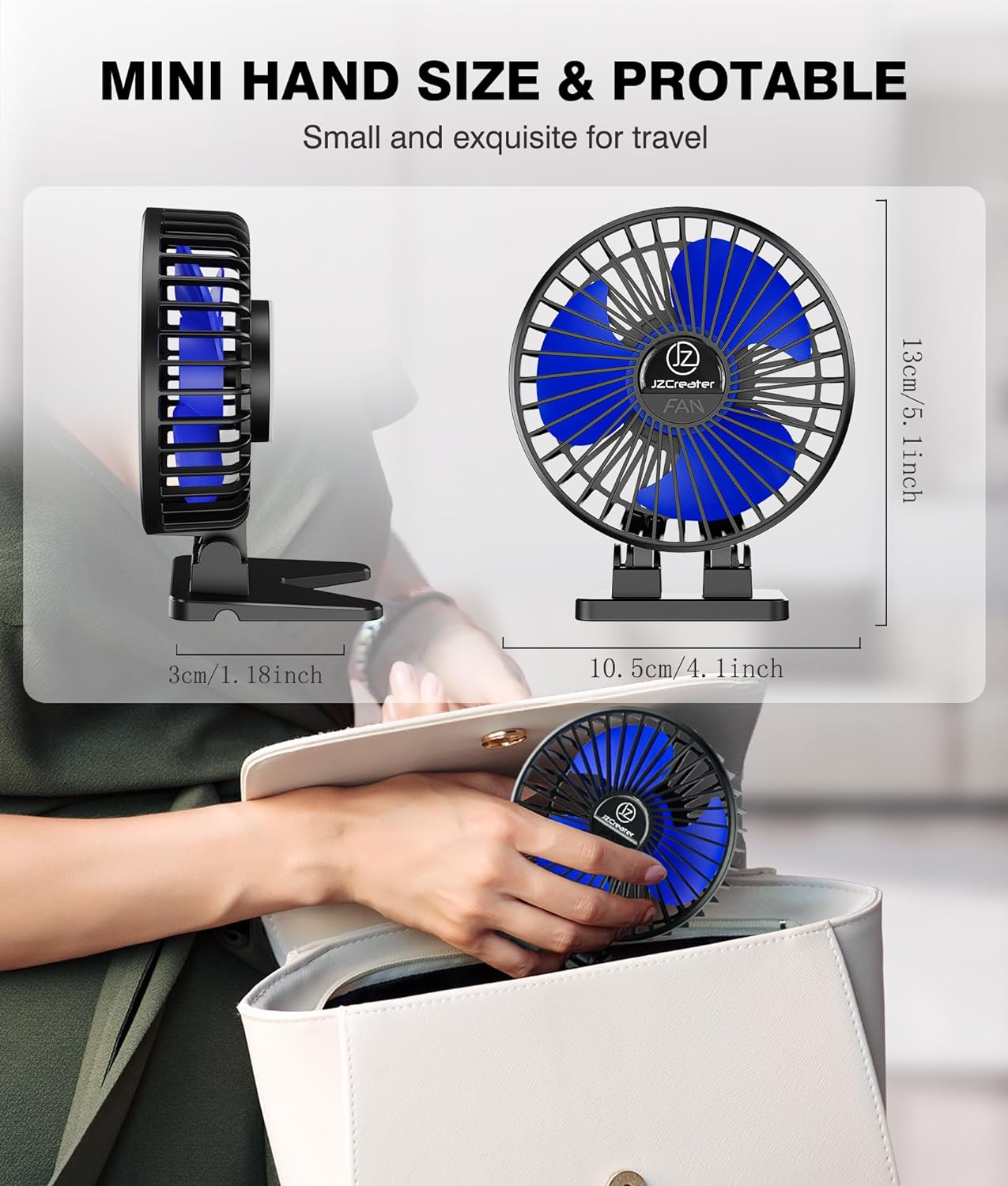 JZCreater USB Desk Fan, Mini Portable Fans, 3 Speeds Desktop Table Cooling Fan, Plug in Power, Rotation Strong Wind, Quiet Personal Small for Home Office Travel Bedroom, Black Blue - Image 6