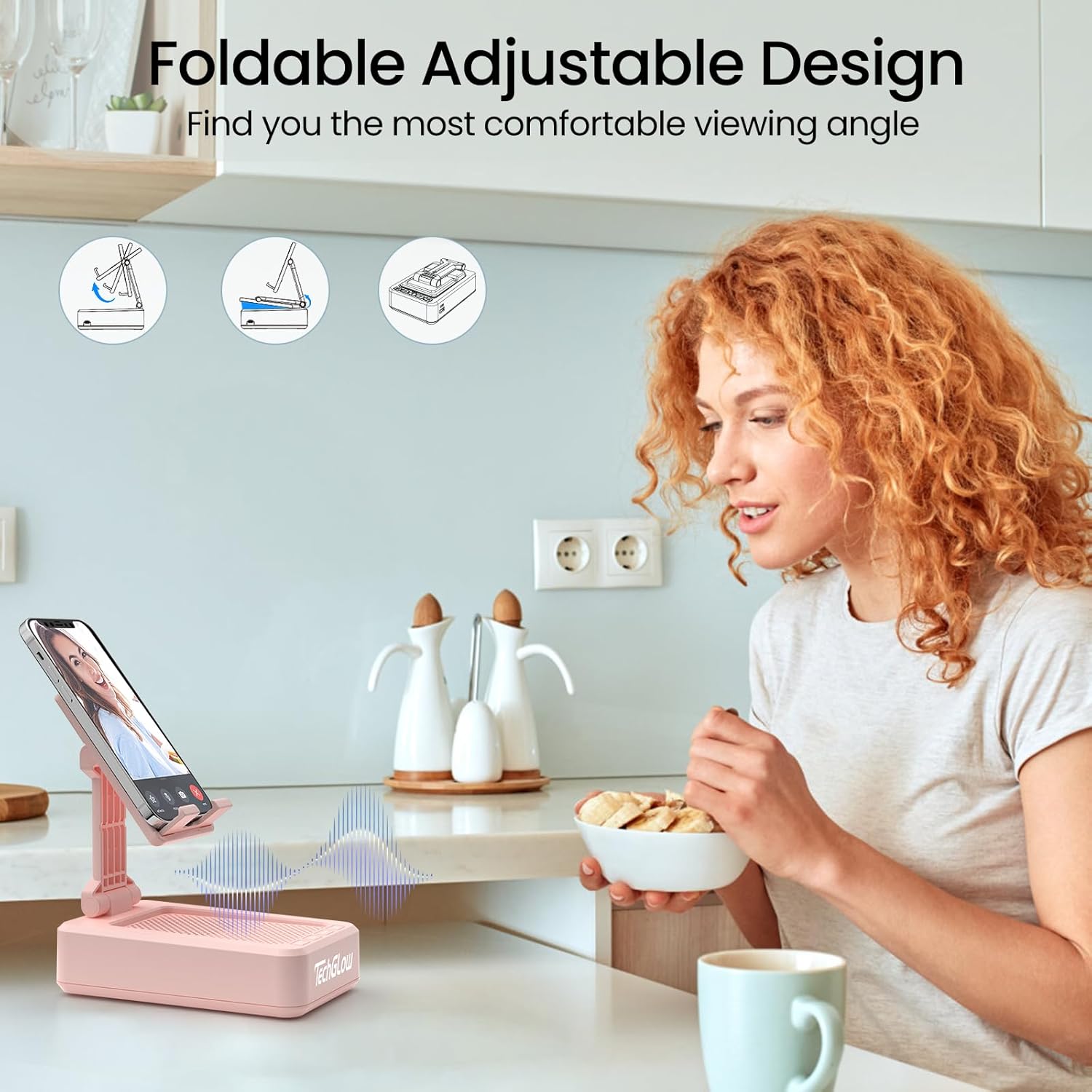 TechGlow Gift for Women Foldable Cellphone Stand with Bluetooth Speaker Wireless Speaker with Phone Holder Birthday Gift Idea for Mom Dad Cool Gadget Pink - Image 3