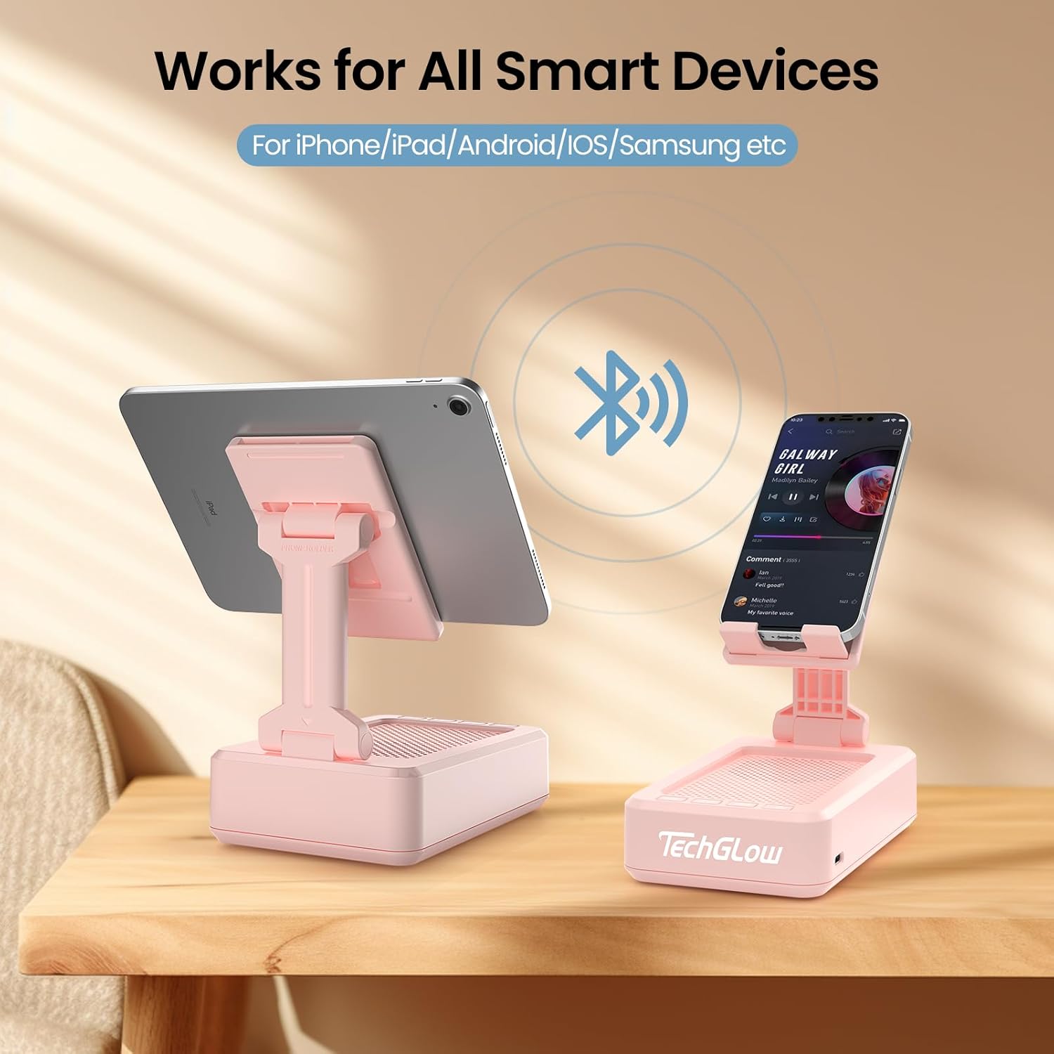 TechGlow Gift for Women Foldable Cellphone Stand with Bluetooth Speaker Wireless Speaker with Phone Holder Birthday Gift Idea for Mom Dad Cool Gadget Pink - Image 5