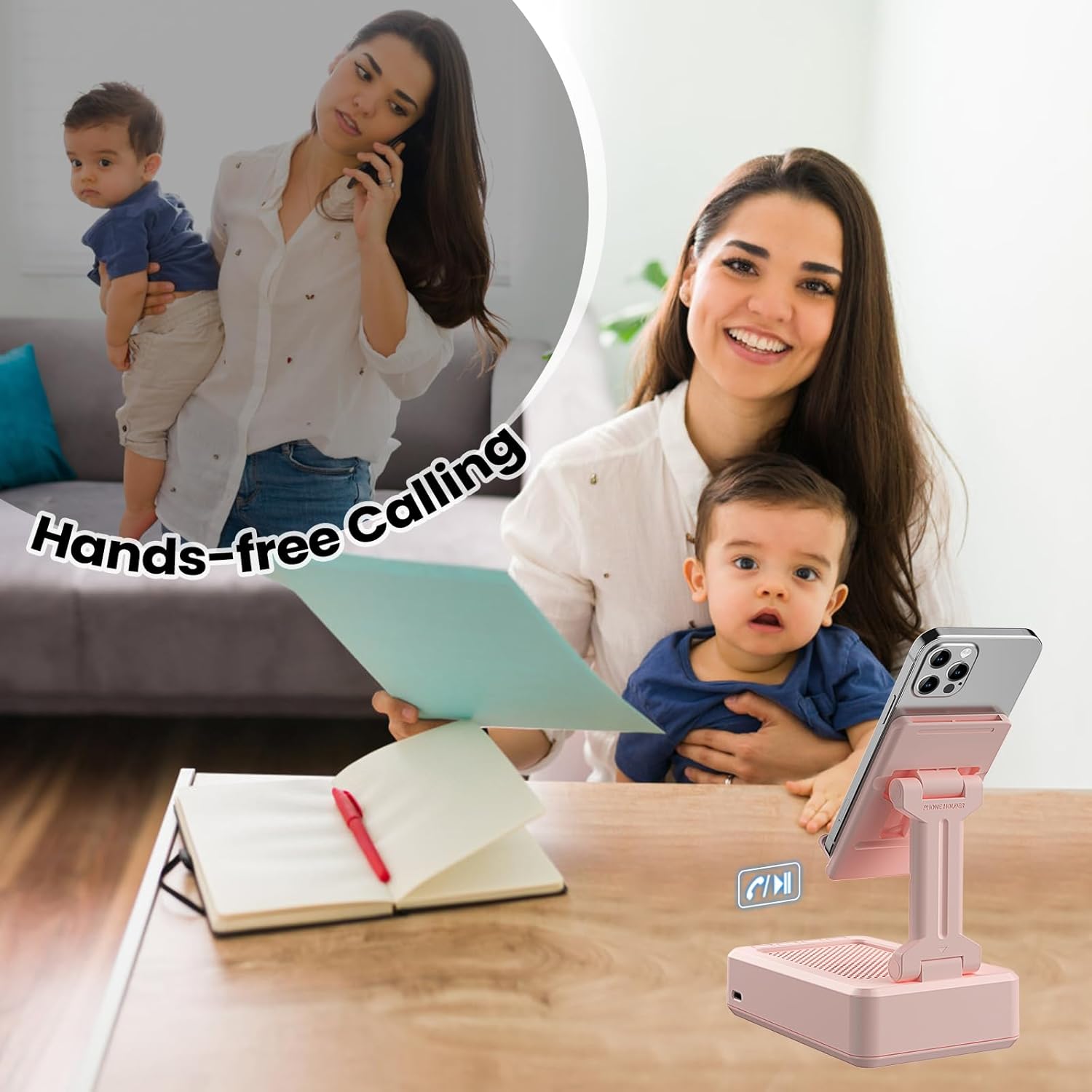 TechGlow Gift for Women Foldable Cellphone Stand with Bluetooth Speaker Wireless Speaker with Phone Holder Birthday Gift Idea for Mom Dad Cool Gadget Pink - Image 6