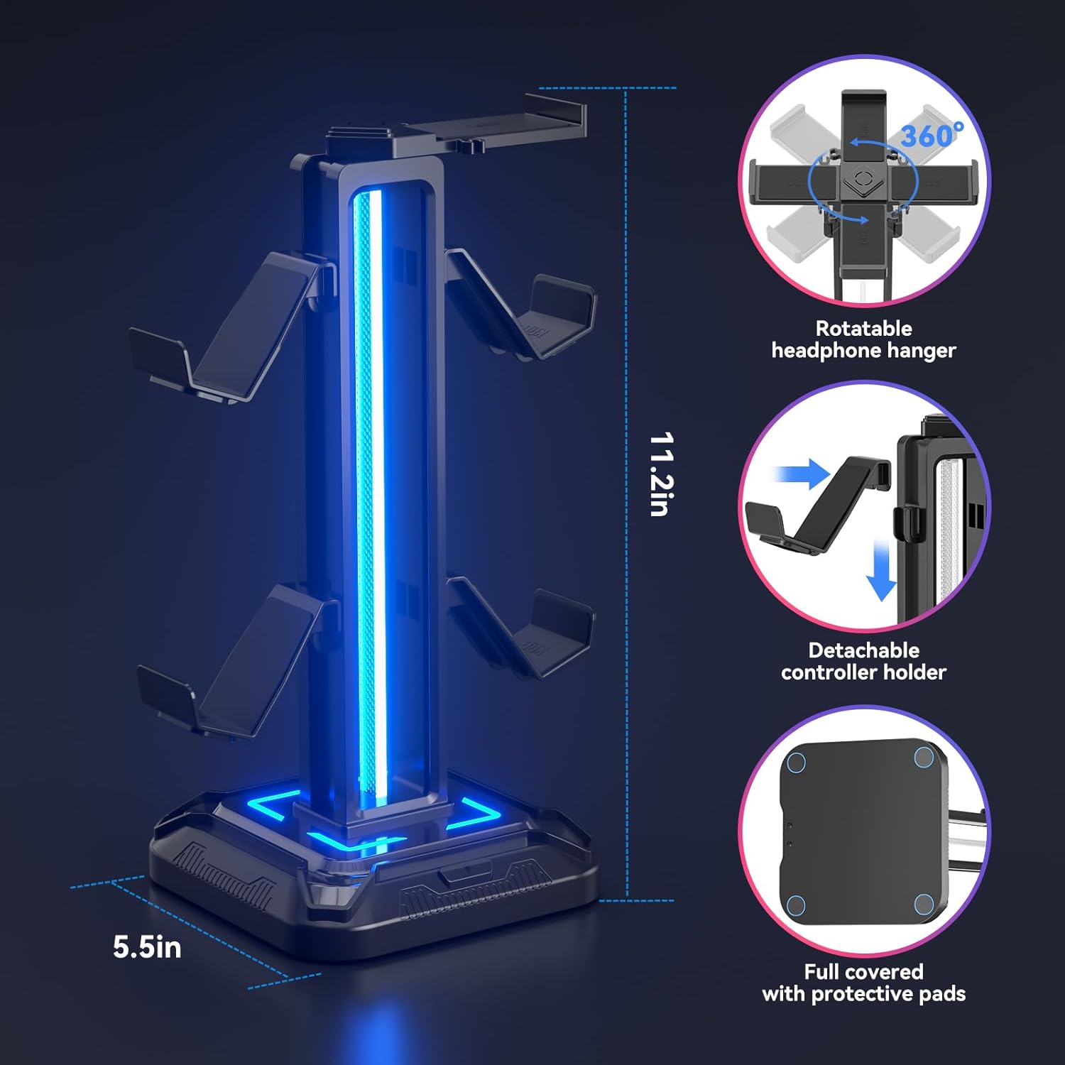 KDD RGB Headset Stand with 9 Light Modes - Controller Holder for Desk - Rotatable Headphone Stand & Detachable Controller Hook for PC Earphone Accessories(Black) - Image 4