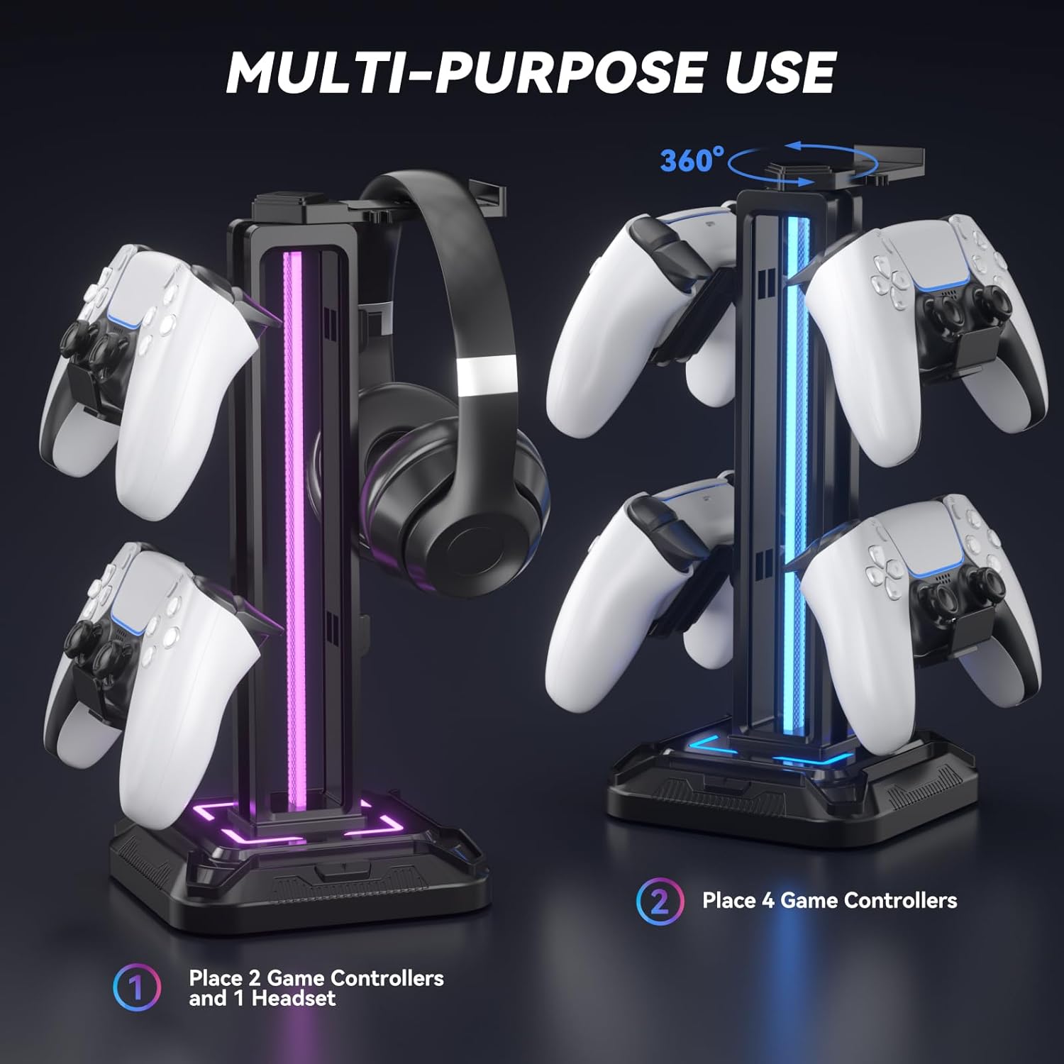 KDD RGB Headset Stand with 9 Light Modes - Controller Holder for Desk - Rotatable Headphone Stand & Detachable Controller Hook for PC Earphone Accessories(Black) - Image 6