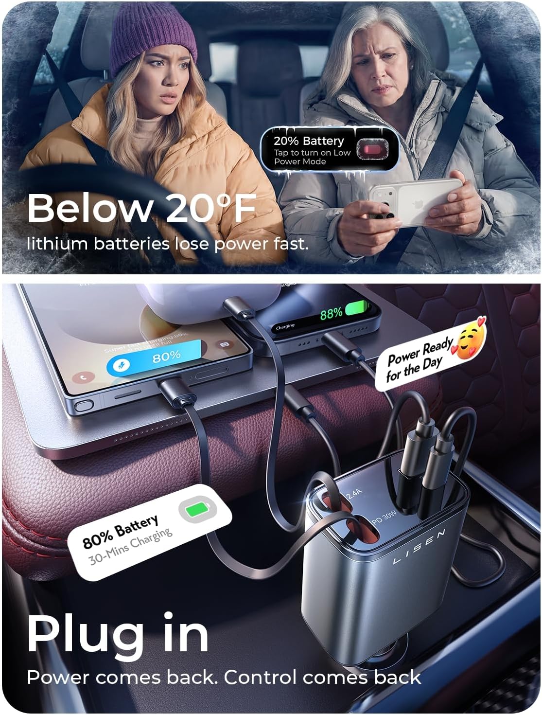 LISEN Retractable Car Charger, for Gifts for Him Her, 69W Cars Adapter USB C Fast Charger for iPhone 17-11, Car Accessories Gadgets for Men, Anniversary Birthday Gifts for Men Women, for Samsung - Image 5