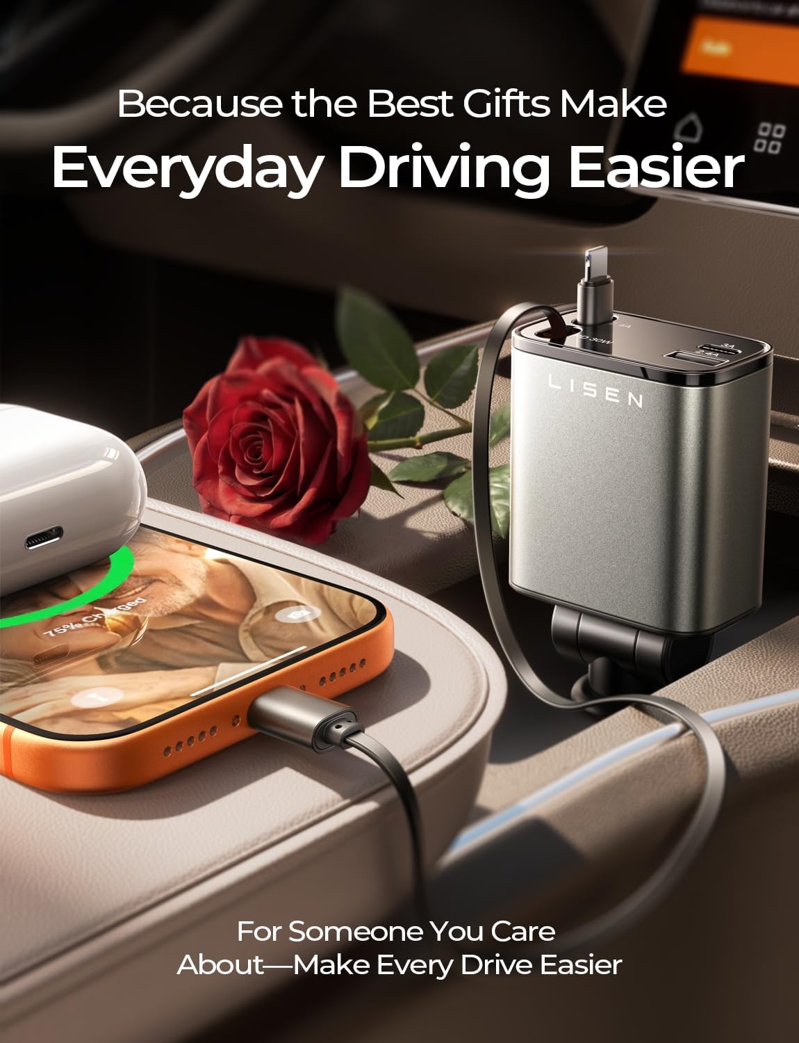 LISEN Retractable Car Charger, for Gifts for Him Her, 69W Cars Adapter USB C Fast Charger for iPhone 17-11, Car Accessories Gadgets for Men, Anniversary Birthday Gifts for Men Women, for Samsung - Image 4