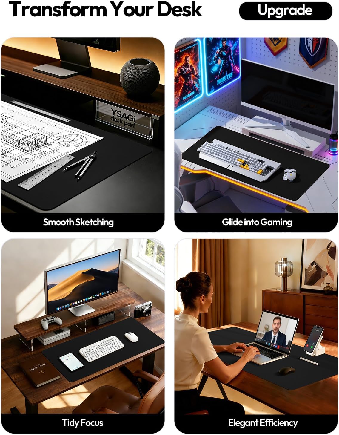 YSAGi Leather Office Desk Pad Protector, Large Mouse Pad, Non-Slip, PU Leather, Laptop Desk Blotter, Waterproof Writing Pad for Office and Home, Black, 23.6" x 13.8" - Image 2