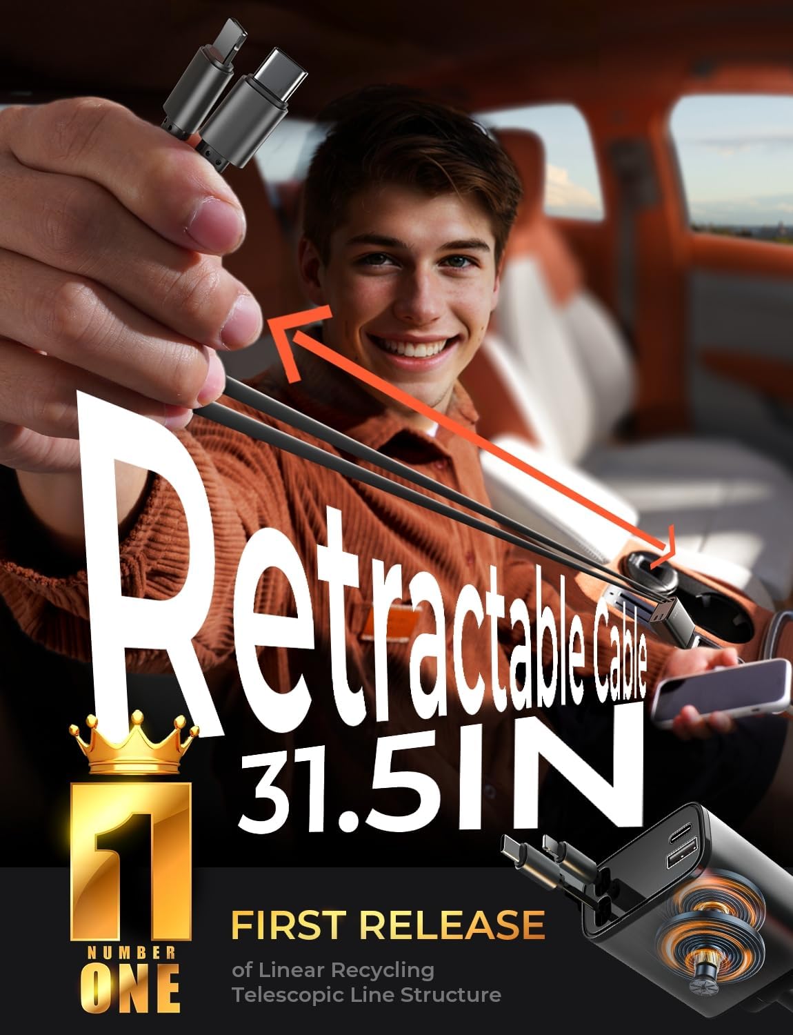 LISEN Retractable Car Charger, for Gifts for Him Her, 69W Cars Adapter USB C Fast Charger for iPhone 17-11, Car Accessories Gadgets for Men, Anniversary Birthday Gifts for Men Women, for Samsung - Image 3