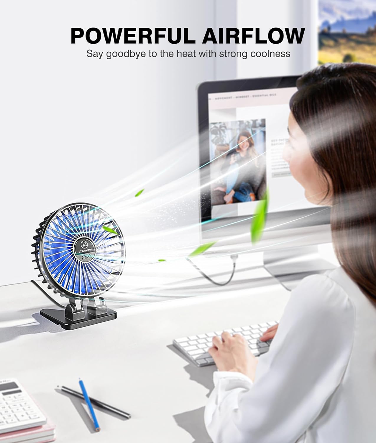 JZCreater USB Desk Fan, Mini Portable Fans, 3 Speeds Desktop Table Cooling Fan, Plug in Power, Rotation Strong Wind, Quiet Personal Small for Home Office Travel Bedroom, Black Blue - Image 2