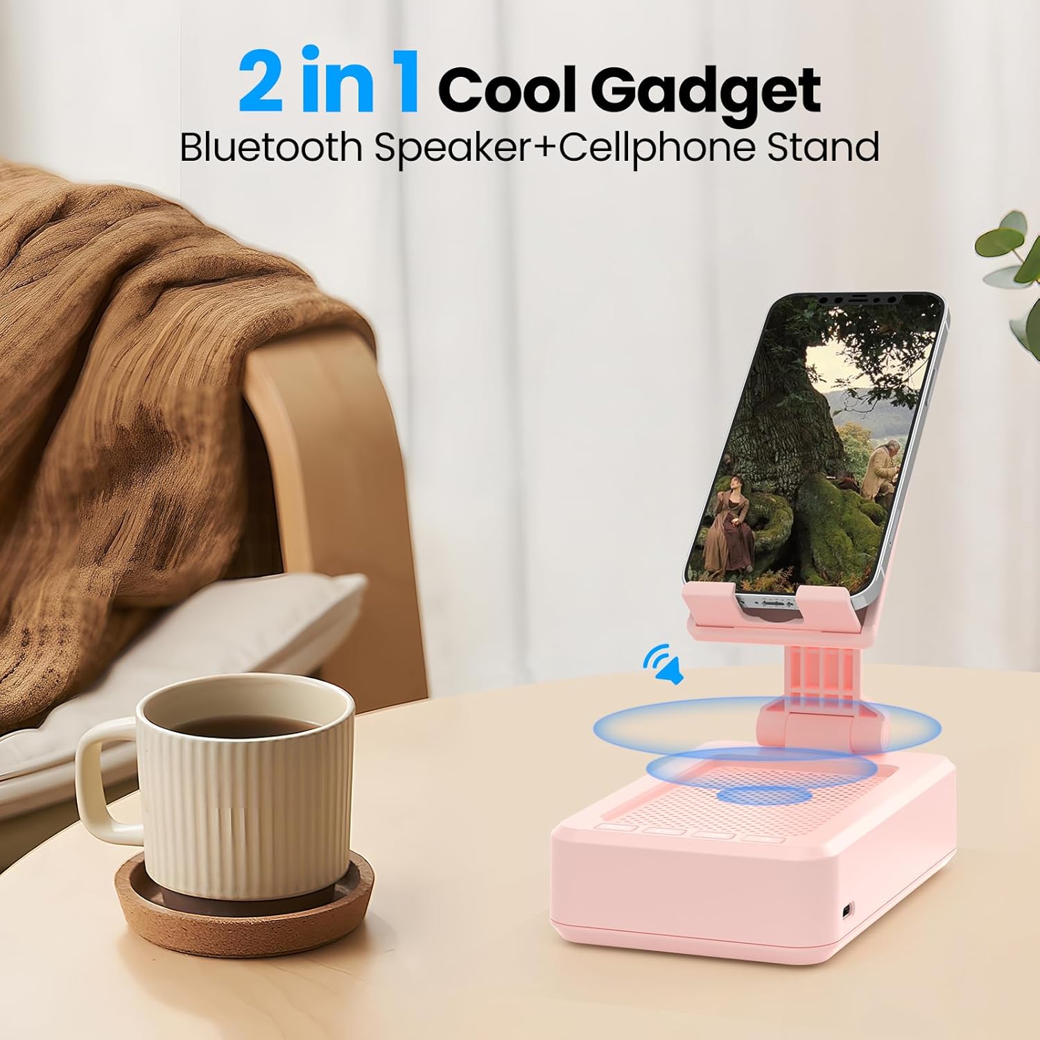 TechGlow Gift for Women Foldable Cellphone Stand with Bluetooth Speaker Wireless Speaker with Phone Holder Birthday Gift Idea for Mom Dad Cool Gadget Pink - Image 2