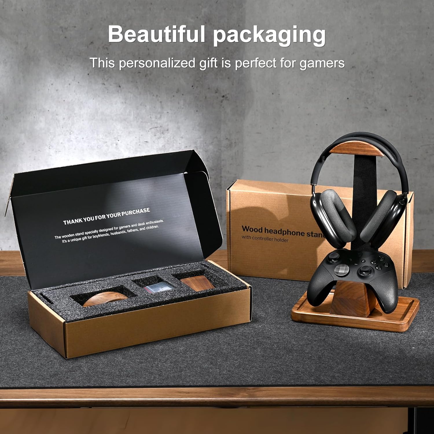 UPERGO Headset Stand with Gaming Controller Holder, Walnut Wood Headphone Stand with Storage Base, Gaming Equipment Accessories for Desk - Image 8