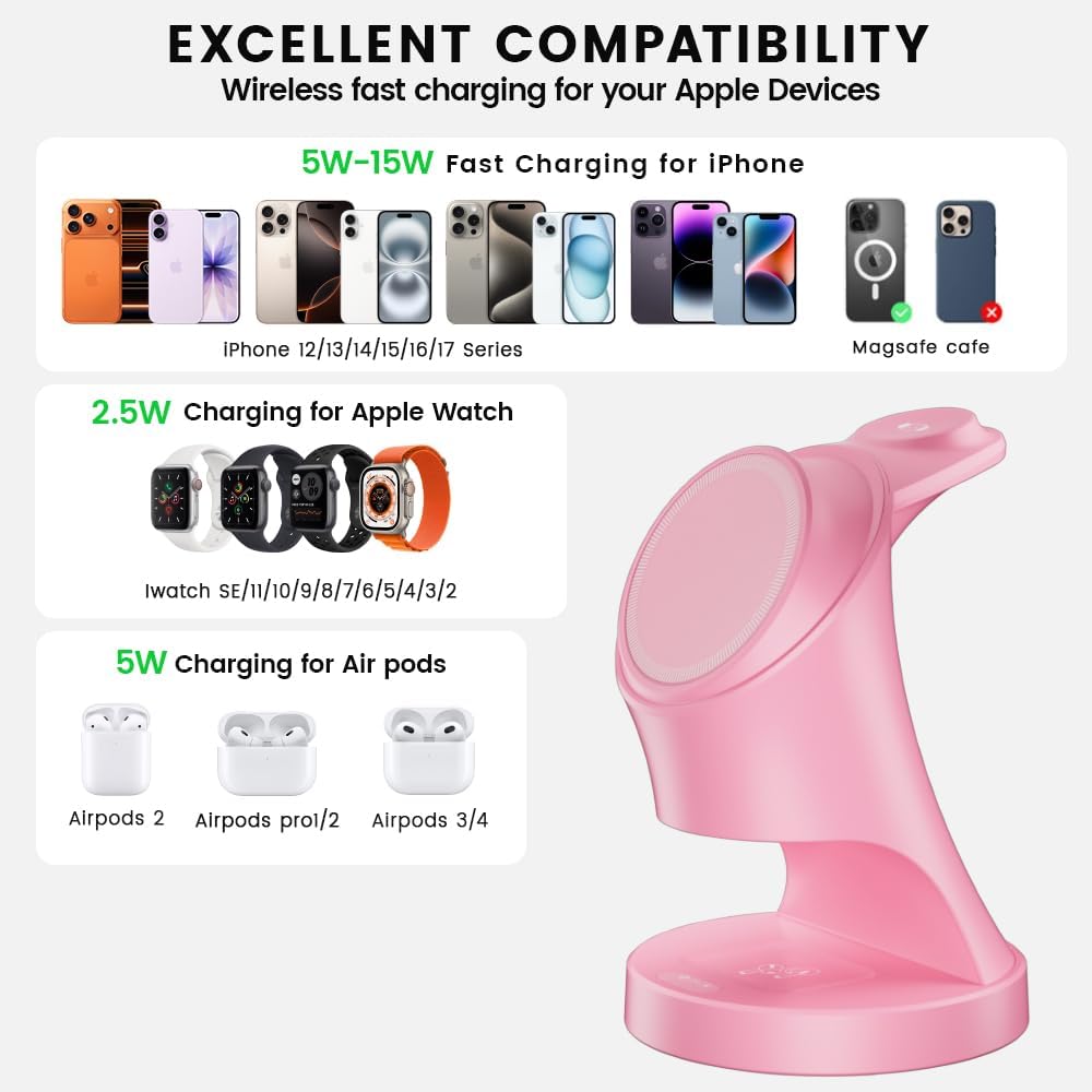 3 in 1 Wireless Charging Station for Apple Devices,Magsafe Charger for IPhone17 16 15 14 13 12 Pro/Max/Plus/Mini Wireless Charger Station for AirPods 2/3/4/Pro iWatch Ultra11/10/9/8/7/SE/6/5/4/3/2 - Image 3