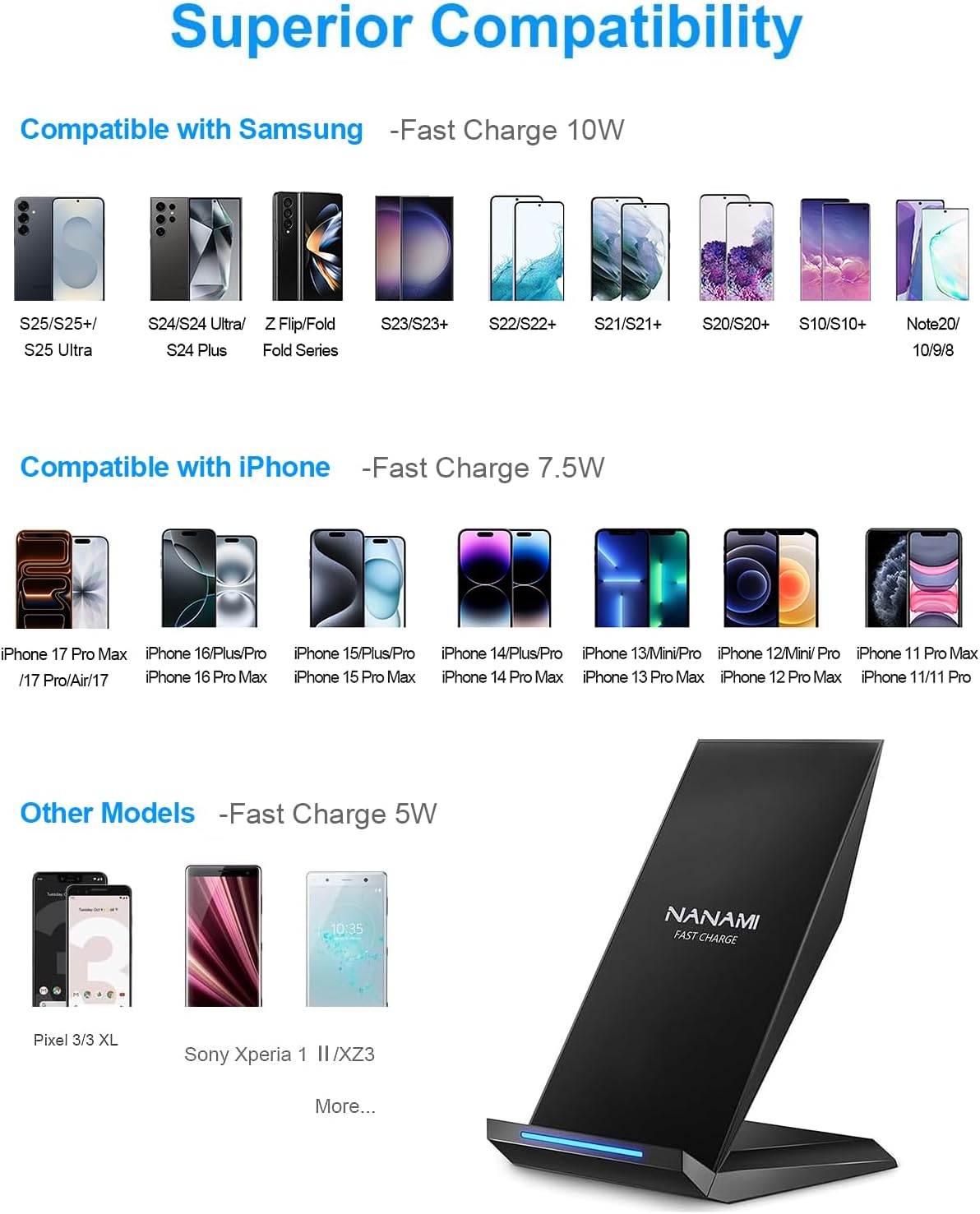 Fast Wireless Charger, NANAMI Qi Certified Wireless Charging Stand Compatible iPhone 17/17 Air/16/15/15 Pro/15 Plus/15 Pro Max/14/13/12, for Samsung Galaxy S25/S24/S23/S22/S21 and Qi-Enabled Phone - Image 3
