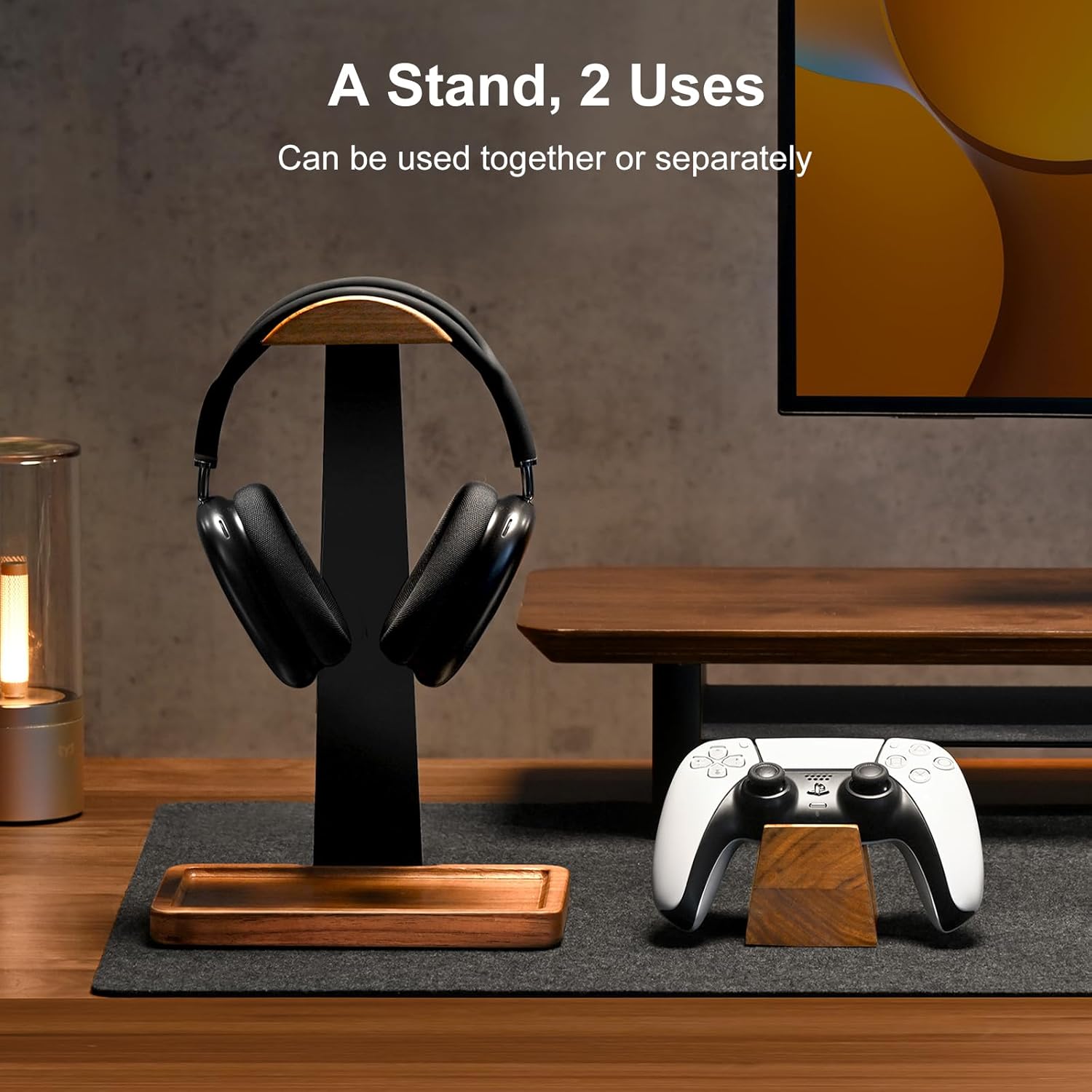 UPERGO Headset Stand with Gaming Controller Holder, Walnut Wood Headphone Stand with Storage Base, Gaming Equipment Accessories for Desk - Image 2