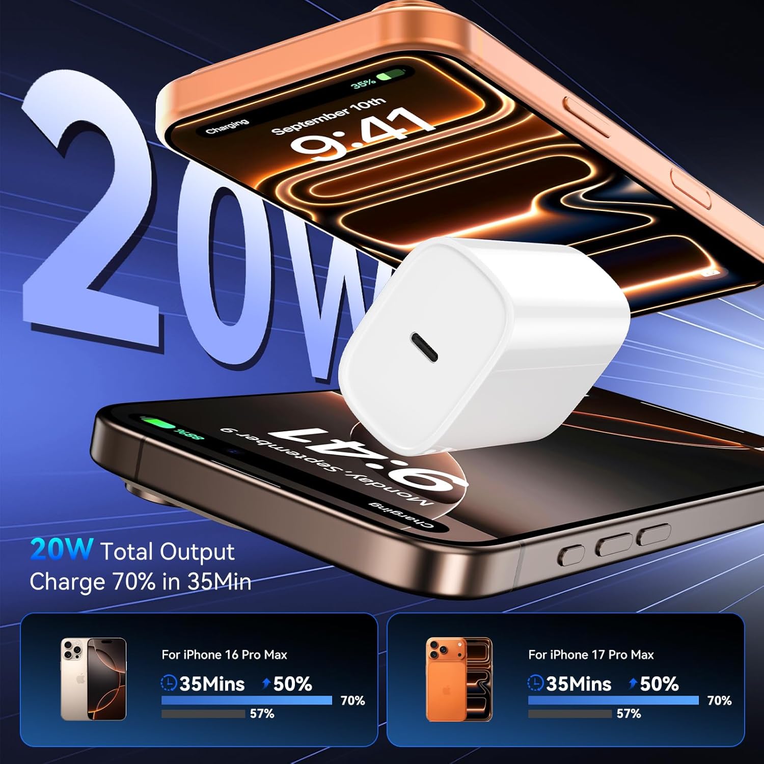 20W iPhone 17/16 Pro Charger Set - 10FT Type-C Cable, 2-Pack Fast Charger, 18-Month Warranty - Image 2