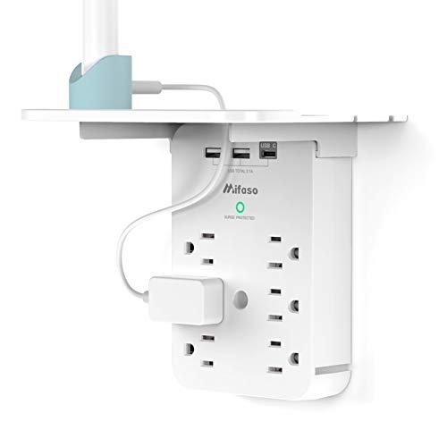 Wall Outlet Extender with Surge Protector, 6 AC Outlets, Shelf, ...